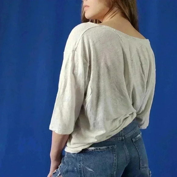 Free People Oversized Cream V-Neck 3/4 Sleeve Tee - L - Picture 2 of 11